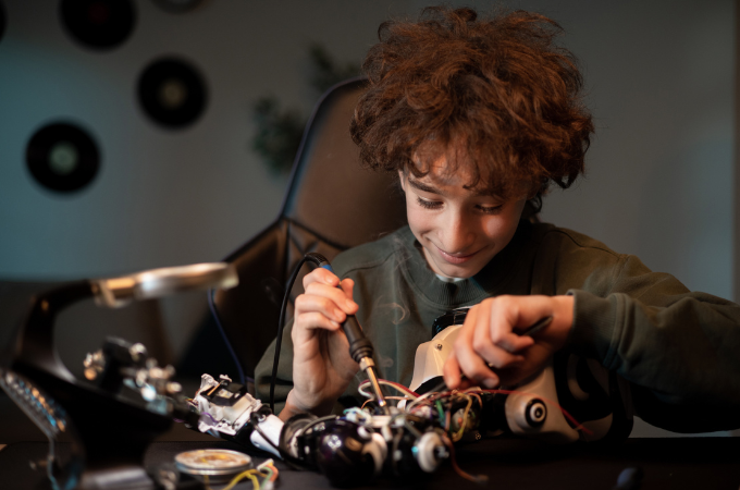 image of young teen tinkering with robotics