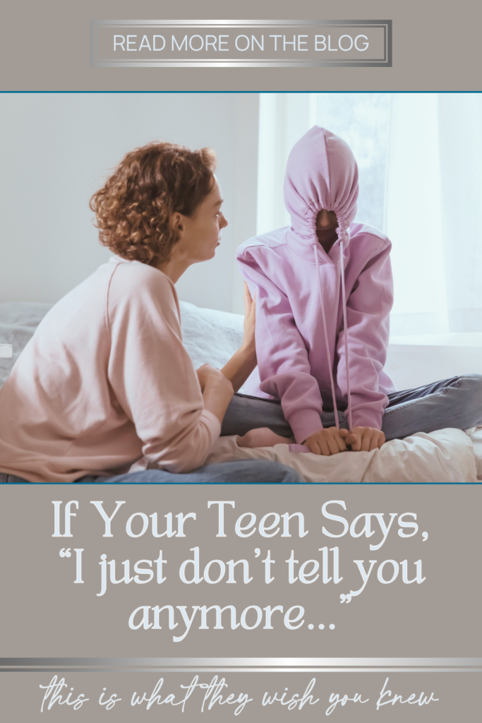pin image of mom trying to talk to teen daughter who has tightly pulled the strings of her hoodie closed so as not to look at or talk to mom - concept of mom using reflective listening skills to encourage conversation with her daughter