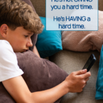 Pin image of teen boy alone on couch staring into his iPhone; text overlay that reads: He's not giving you a hard time; He's having a hard time. Concept of creating emotional safety in relationships with teens